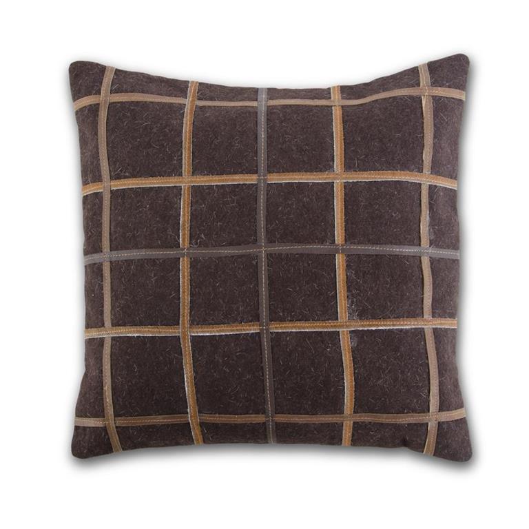 18" Brown Hide & Leather Grid Wool Pillow - Curated Home Decor