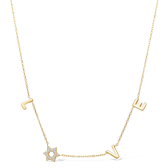 Jewish Star and Love Necklace With Sparkling Stones: Yellow gold plated