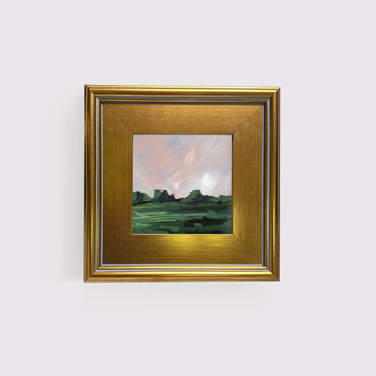 Square Pink Skies, Pink and Green Landscape, Framed Painting