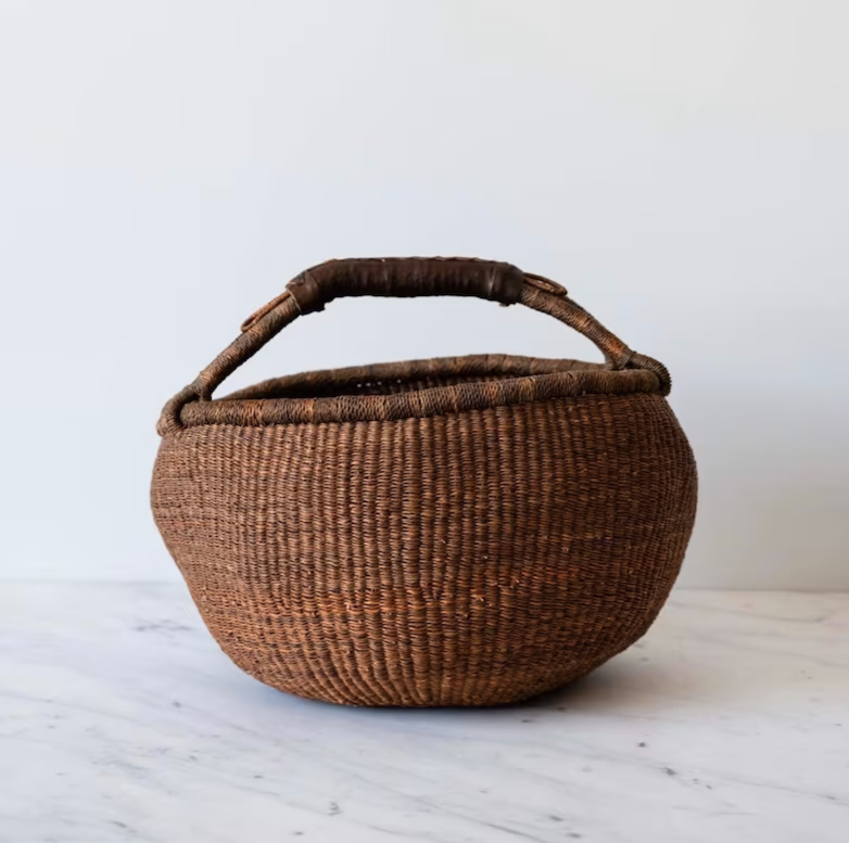 Chocolate Bolga Basket with Brown Leather Handle - Curated Home Decor