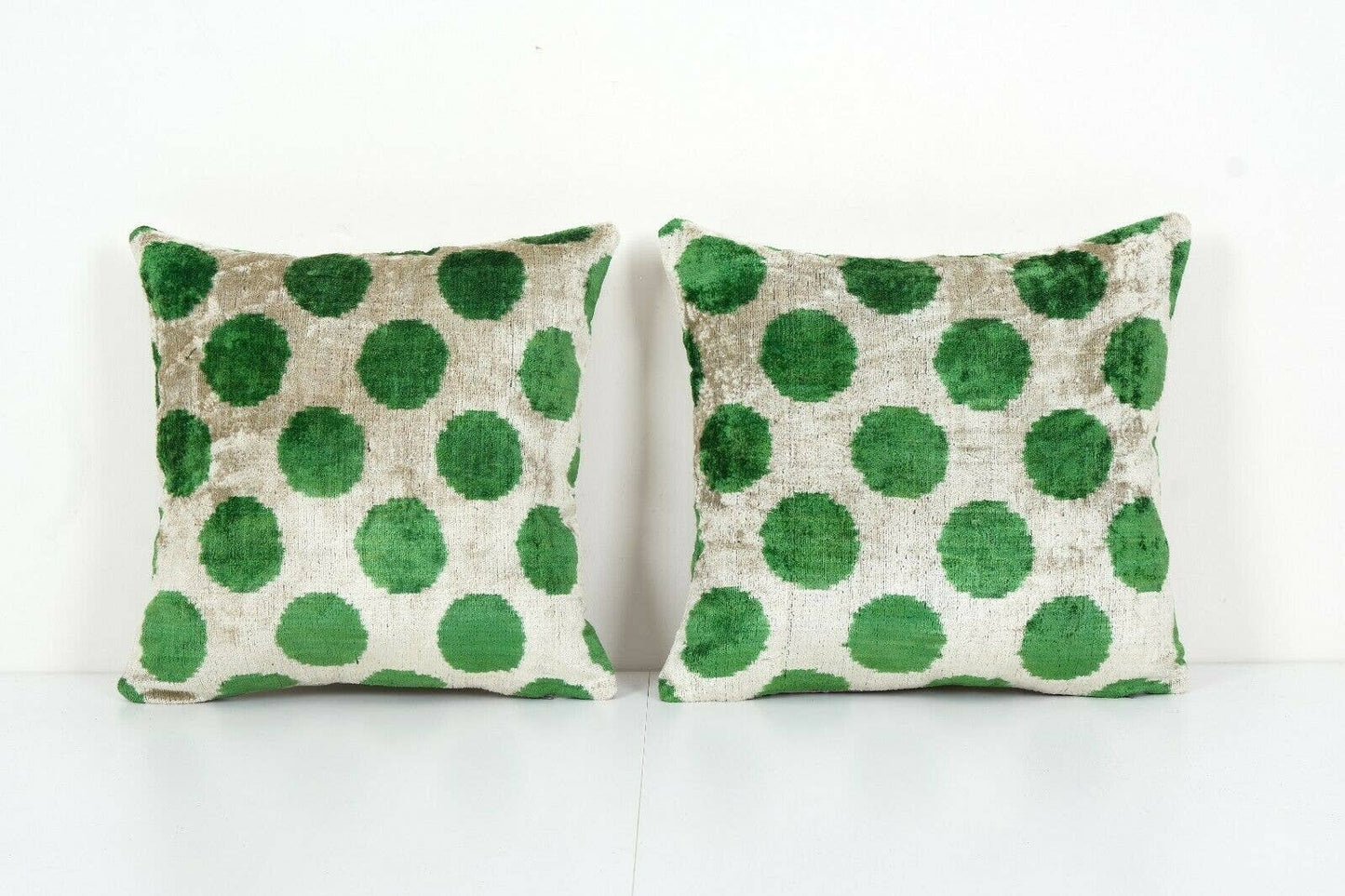 Polka Dot Green Silk Ikat Velvet Pillow - Set of Two Decorative Pillows Covers - Curated Home Decor