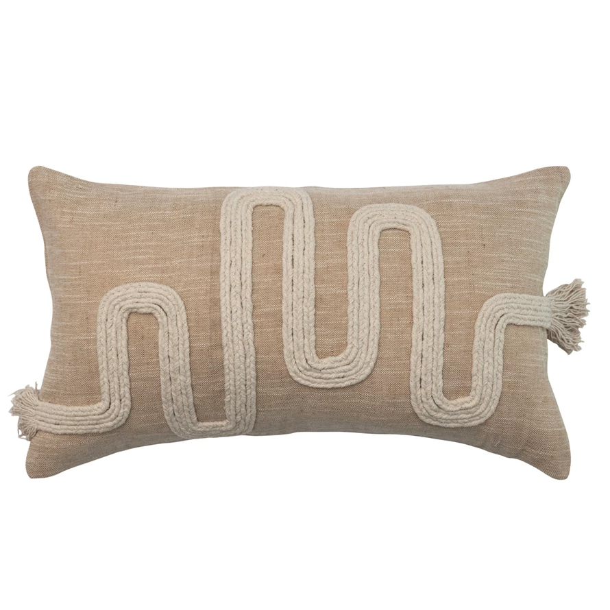 24" x 14" Cotton & Jute Lumbar Pillow w/ Embroidery & Fringe - Curated Home Decor
