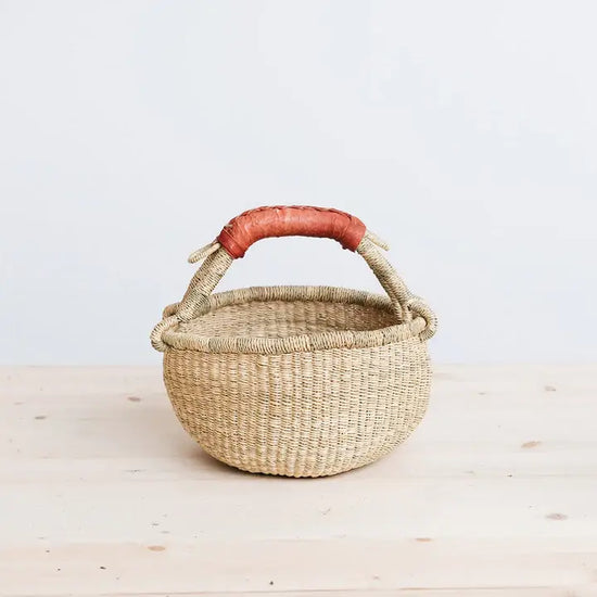 Natural Mini Basket with tan leather handle - Curated Home Decor