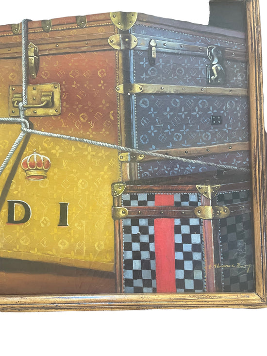 Vintage Painting of Designer Steamer Trunks Signed By Artist - Curated Home Decor