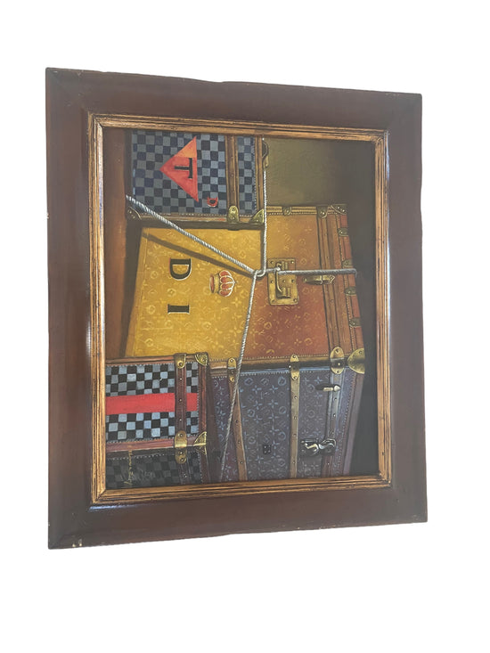 Vintage Painting of Designer Steamer Trunks Signed By Artist - Curated Home Decor