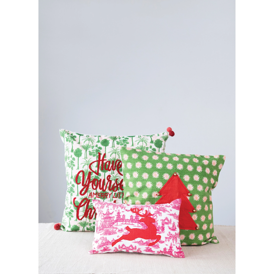 Cotton Pillow with Floral Pattern, Tree Applique & Jingle Bells - Curated Home Decor